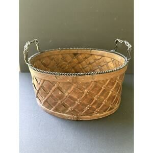 Vtg. Basket Slat Wood Woven Handcrafted Farmhouse Cottagecore Wire Handles